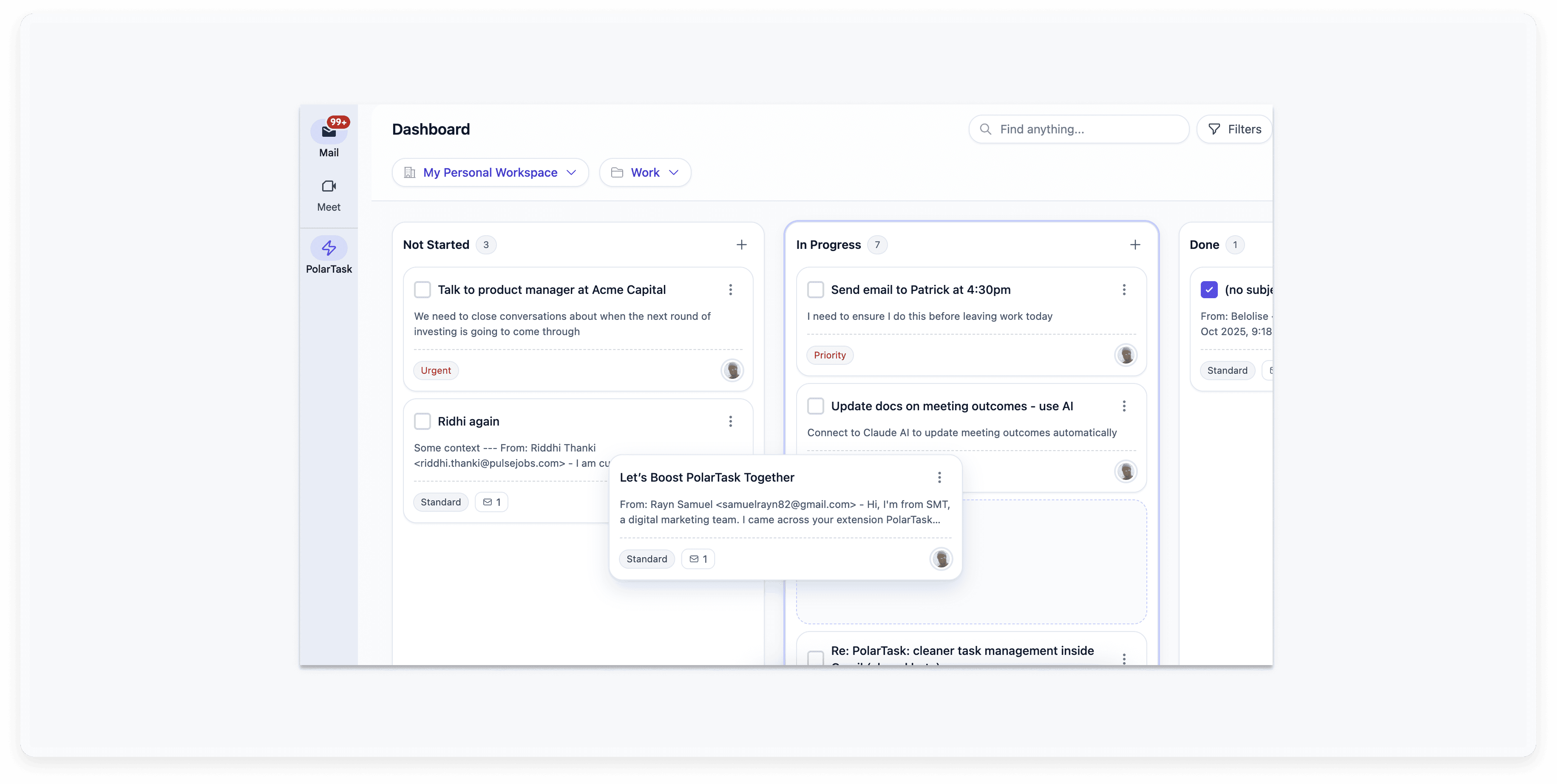 PolarTask kanban board interface inside Gmail